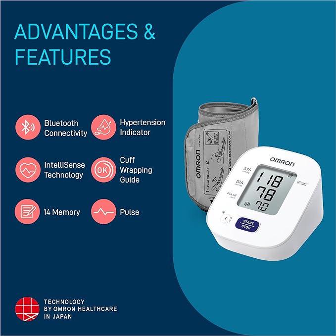 Omron HEM 7140T1 Bluetooth Blood Pressure Monitor with Cuff Wrapping Guide, Hypertension Indicator & Intellisense Technology For Accurate Measurement