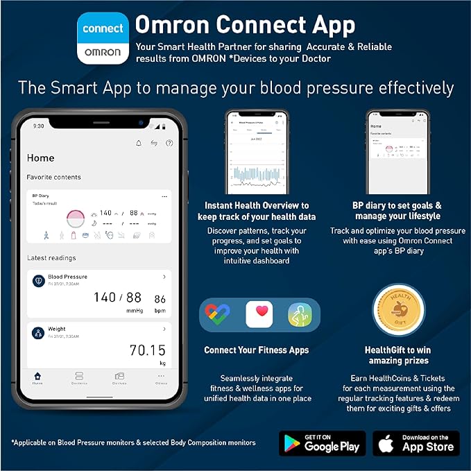 Omron HEM 7140T1 Bluetooth Blood Pressure Monitor with Cuff Wrapping Guide, Hypertension Indicator & Intellisense Technology For Accurate Measurement